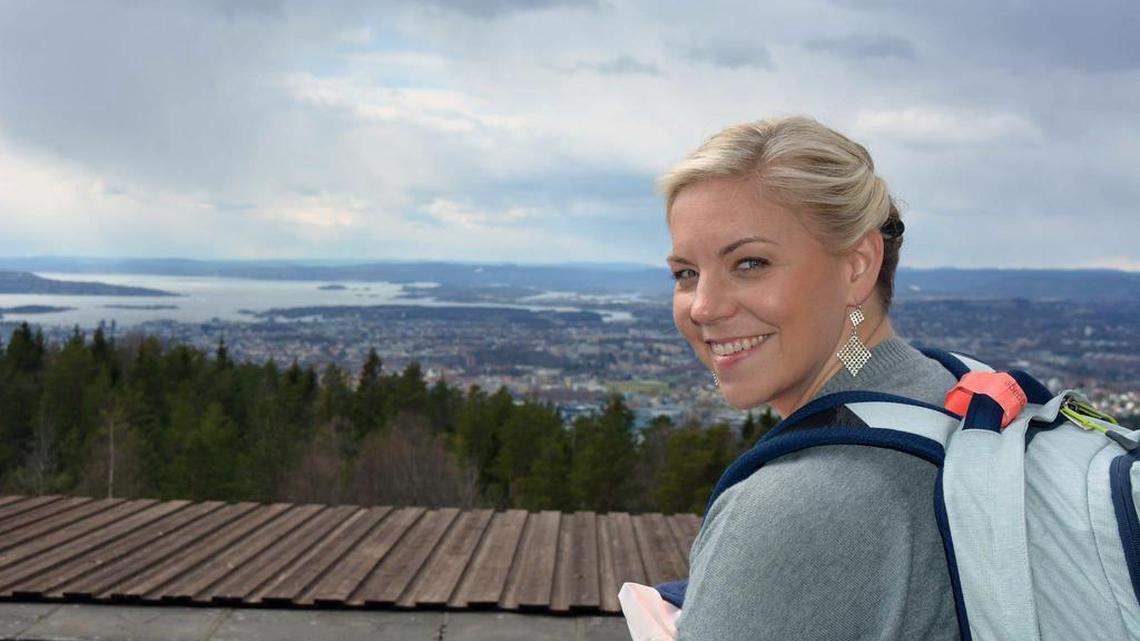 Kate Mills visits Grefsenkollen restaurant outside Oslo in April. Mills, a fifth-grade teacher at Parkview Elementary School in Bellingham, is one of 12 contestants on season 7 of “Alt for Norge,” a reality TV show that aims to reunite Norwegian Americans with their relatives in Norway.