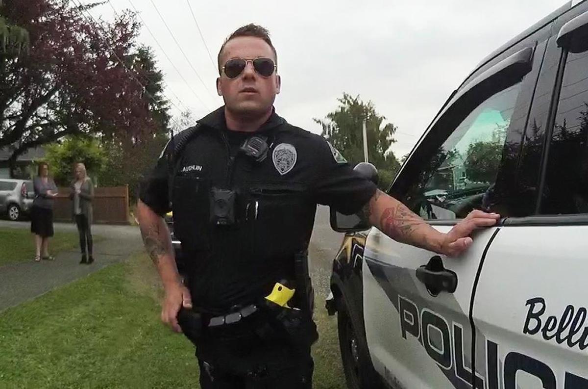 A frame grab of Bellingham Police Cpl. Brooks Laughlin pulled from police body camera footage filmed on Tuesday, June 20, 2017.