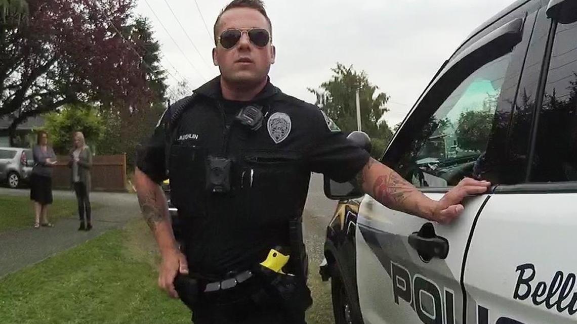 A frame grab of Bellingham Police Cpl. Brooks Laughlin pulled from police body camera footage filmed on Tuesday, June 20, 2017.