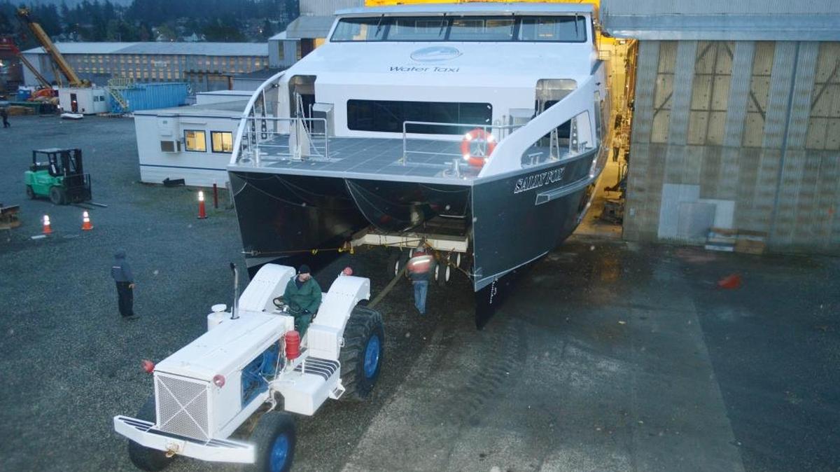 The new M/V Sally Fox, a 250-passenger aluminum catamaran built by All American Marine Inc., is pulled out of the Fairhaven facility in March 2015. All American Marine is scheduled to have a bigger facility on the central Bellingham waterfront at the end of 2016.