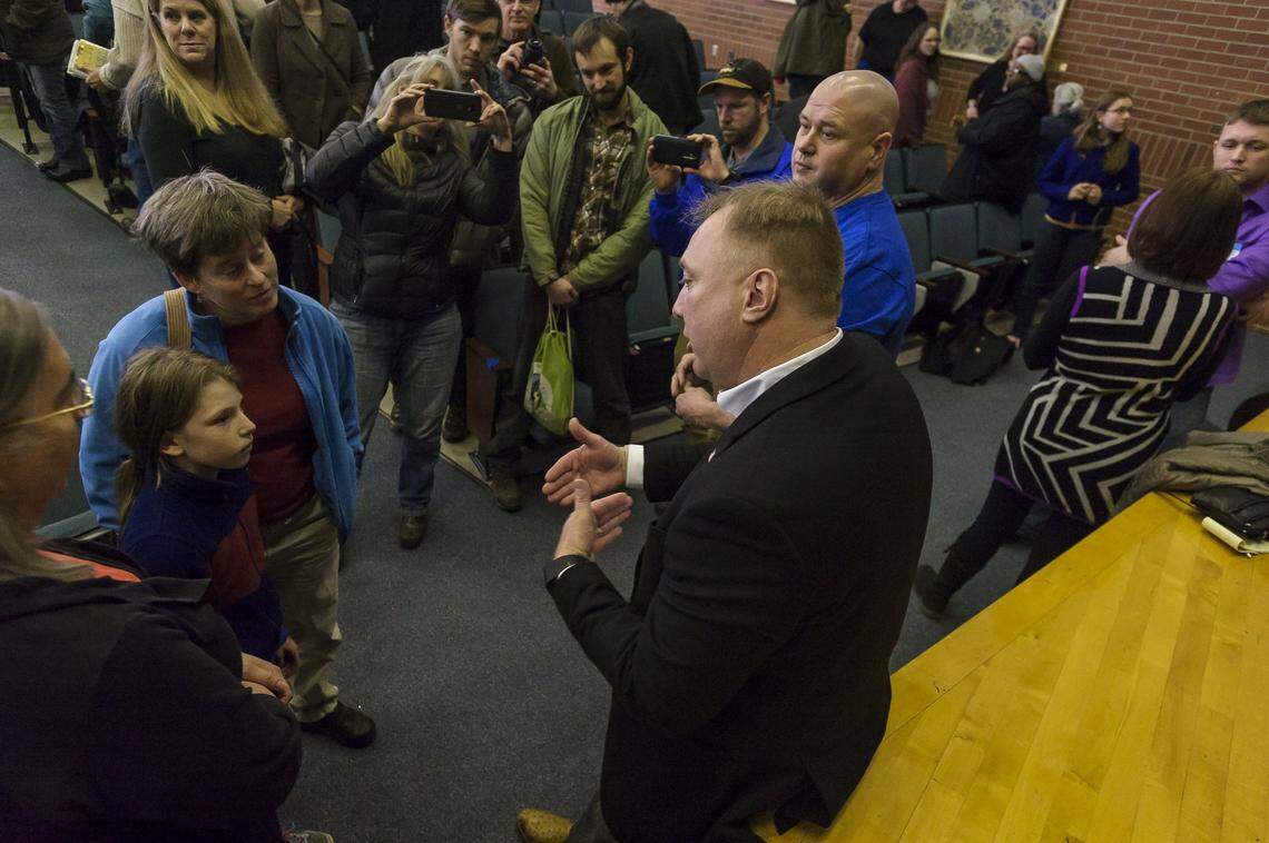 State Sen. Doug Ericksen answers a question during a 2017 town hall meeting at Meridian High School in Laurel.  Wednesday he is meeting with students at Meridian High School to discuss gun control and school safety.
