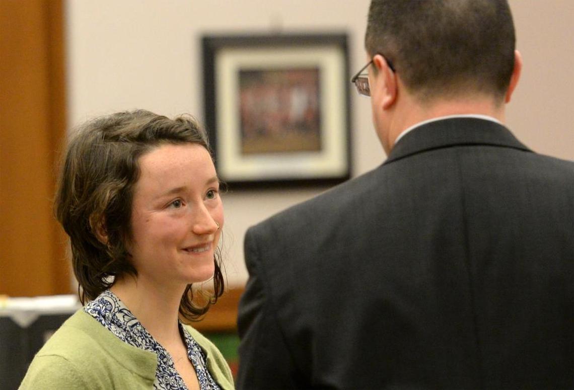 Michelle Claire Pomper Fry talks to defense attorney Adrian Madrone after pleading not guilty Friday morning, Feb.16, 2018, to three misdemeanor charges in Whatcom County Superior Court.