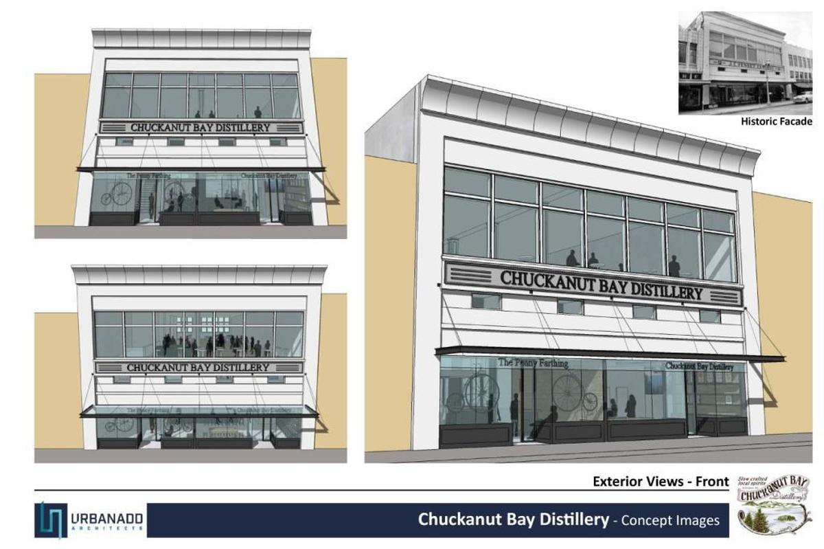 An architectural rendering of the new site for Chuckanut Distillery aims to reintroduce some of the building’s original exterior.