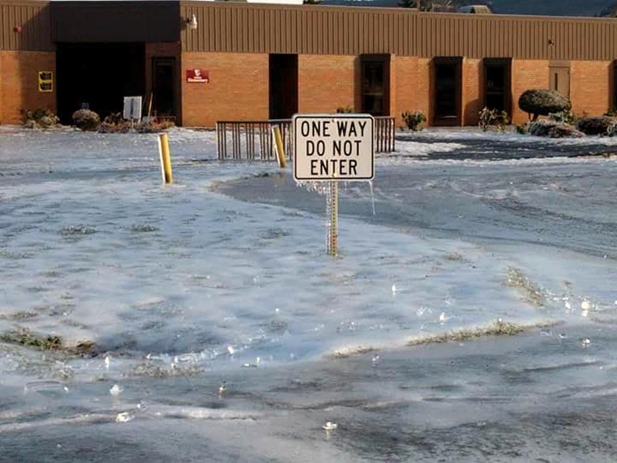 Walkways and the parking lot outside Sumas Elementary remained coated in ice on Monday, Jan. 1 after a weekend ice storm left thousands without power. Schools in the Nooksack Valley School District were closed Tuesday.