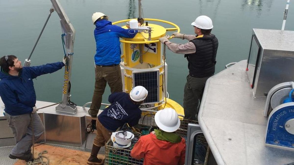 Researchers prepare a high-tech buoy at Squalicum Harbor in Bellingham on Thursday, Feb. 11, 2016, before launching it into Bellingham Bay to collect data to monitor the health of north Puget Sound and Salish Sea. The project is a collaboration of University of Washington, Western Washington University and Northwest Indian College.