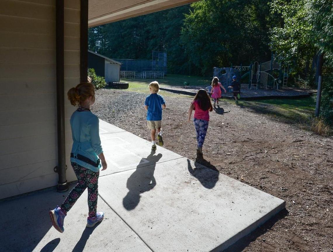Students head out for recess at Point Roberts Elementary School in Point Roberts, Washington, Thursday, Sept. 28, 2017.