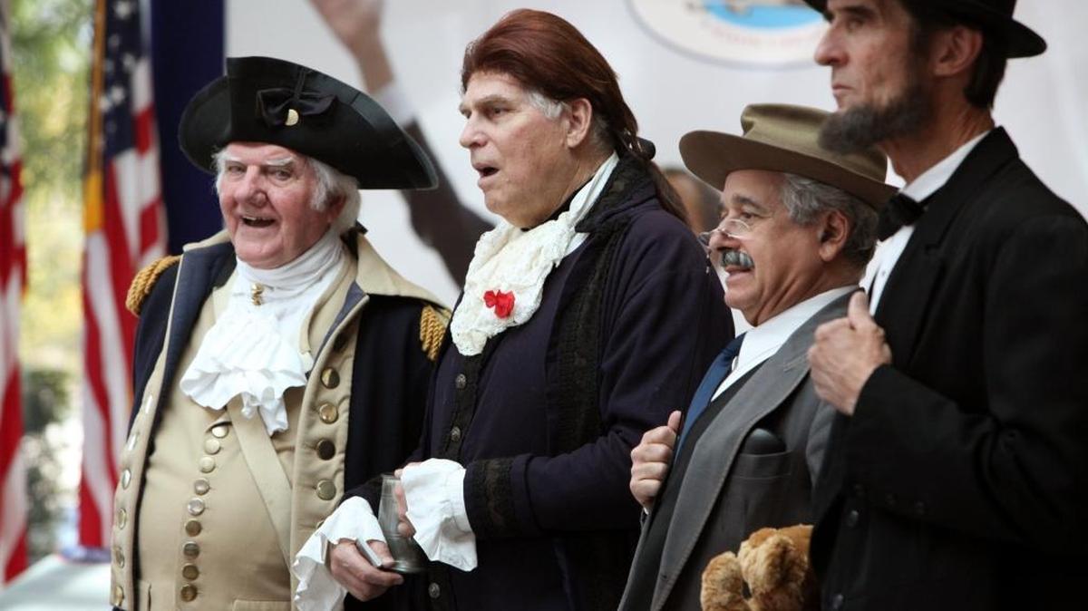 Presidential presenters Gary Beard as George Washington, Dale Reynolds as Thomas Jefferson, Peter Small as Teddy Roosevelt and Robert Broski as Abraham Lincoln prepare to greet visitors at The Richard Nixon Presidential Library and Museum on Feb. 17, 2014, in Yorba Linda, Calif.