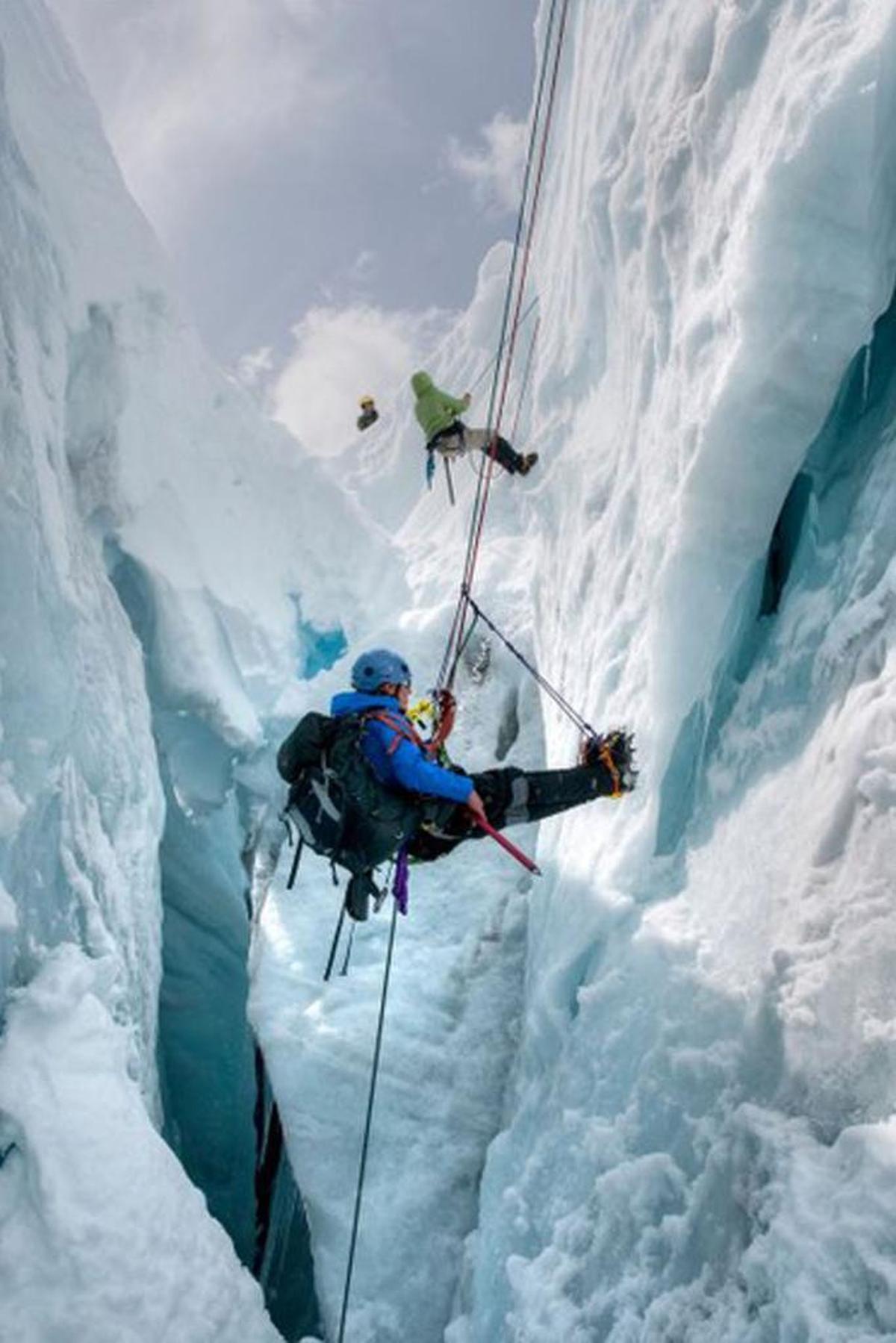 Mountain climbers train for crevasse rescue operations in this undated photo from a Seattle-based group called The Mountaineers.