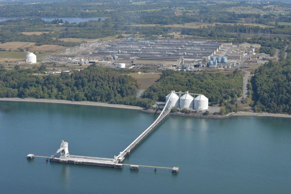 The Alcoa Intalco Works’ pier and wharf, seen from the air in 2013, are at Cherry Point. Future of development in the Cherry Point industrial zone west of Ferndale is one of the key issues in this year’s election race for Whatcom County executive.