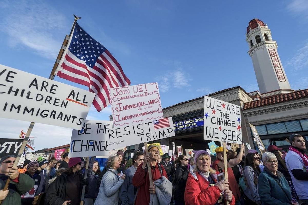 Participants march past the Mount Bake Theatre during the Women's March on Bellingham on Jan. 21, 2017.