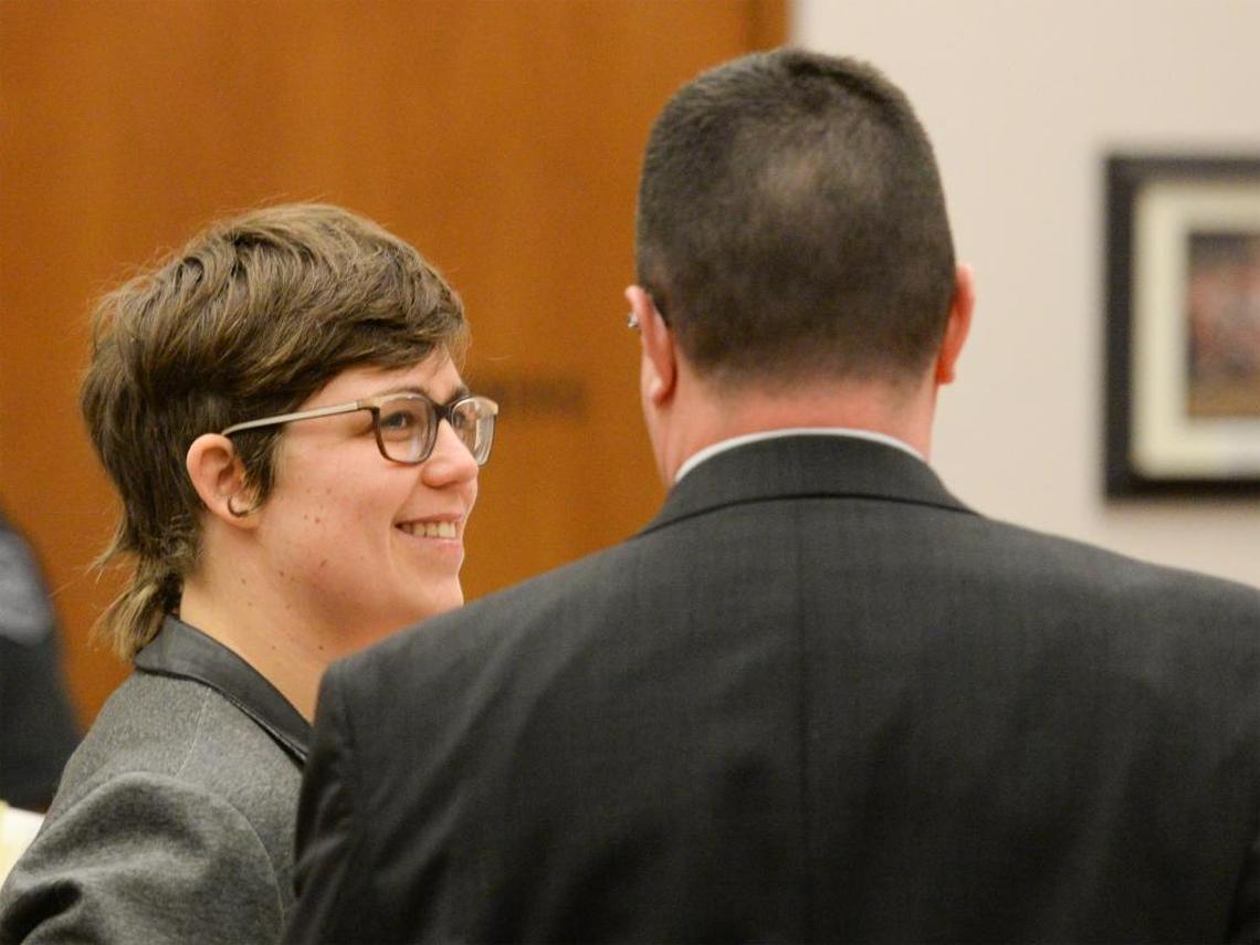 Ciaran Destinee Seward talks to defense attorney Adrian Madrone after pleading not guilty Friday morning, Feb.16, 2018, to three misdemeanor charges in Whatcom County Superior Court.