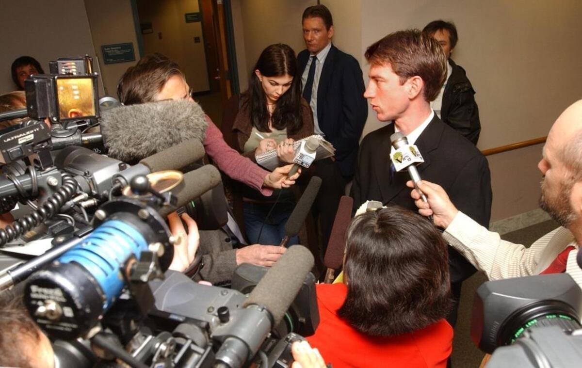 Defense attorney Eric Weight addresses the media outside Whatcom County Superior Court in 2002, when he represented defendant Ryan Alexander, 16, in the murder case of Michael Busby, 8. Weight died March 22, 2017, in a bicycle crash on Old Fairhaven Parkway