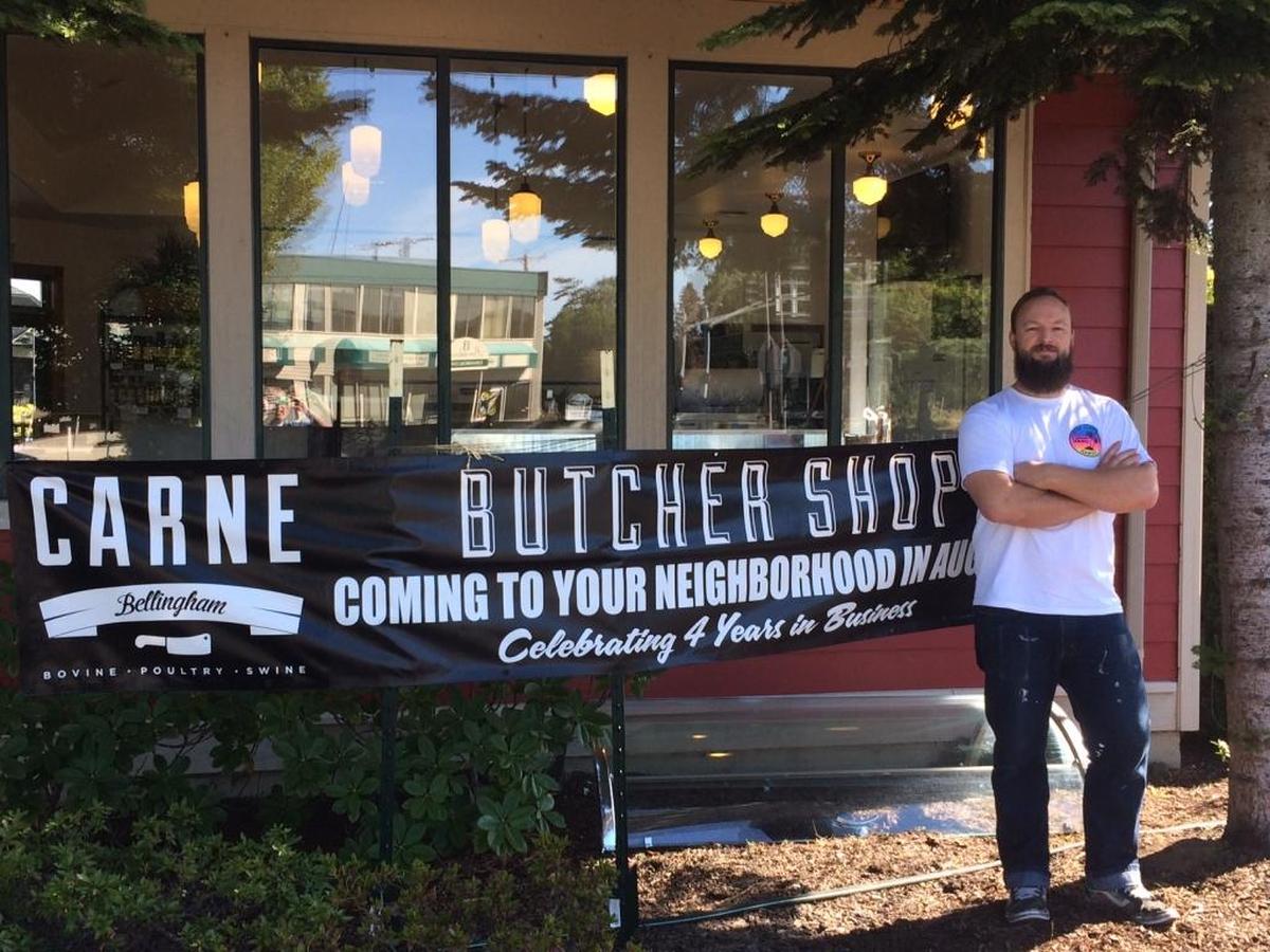 Carne Butcher Shop owner Shaun Almassy stands outside his space at the corner of Broadway and Elm streets, near Elizabeth Park in August 2017. Almassy will be moving out of the building at the end of December 2021 and is currently looking for a new space for the butcher shop.
