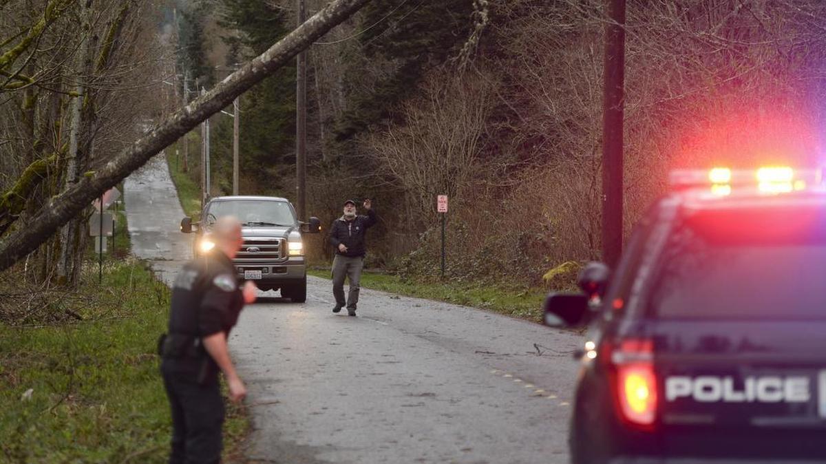 A motorist notifies Bellingham Police officer Jeremy Woodward that a tree has fallen on power lines on Samish Way in Bellingham during the afternoon windstorm Sunday, March13, 2016. Woodward was blocking traffic on Wilkin Street near Lake Padden after a tree fell on power lines.