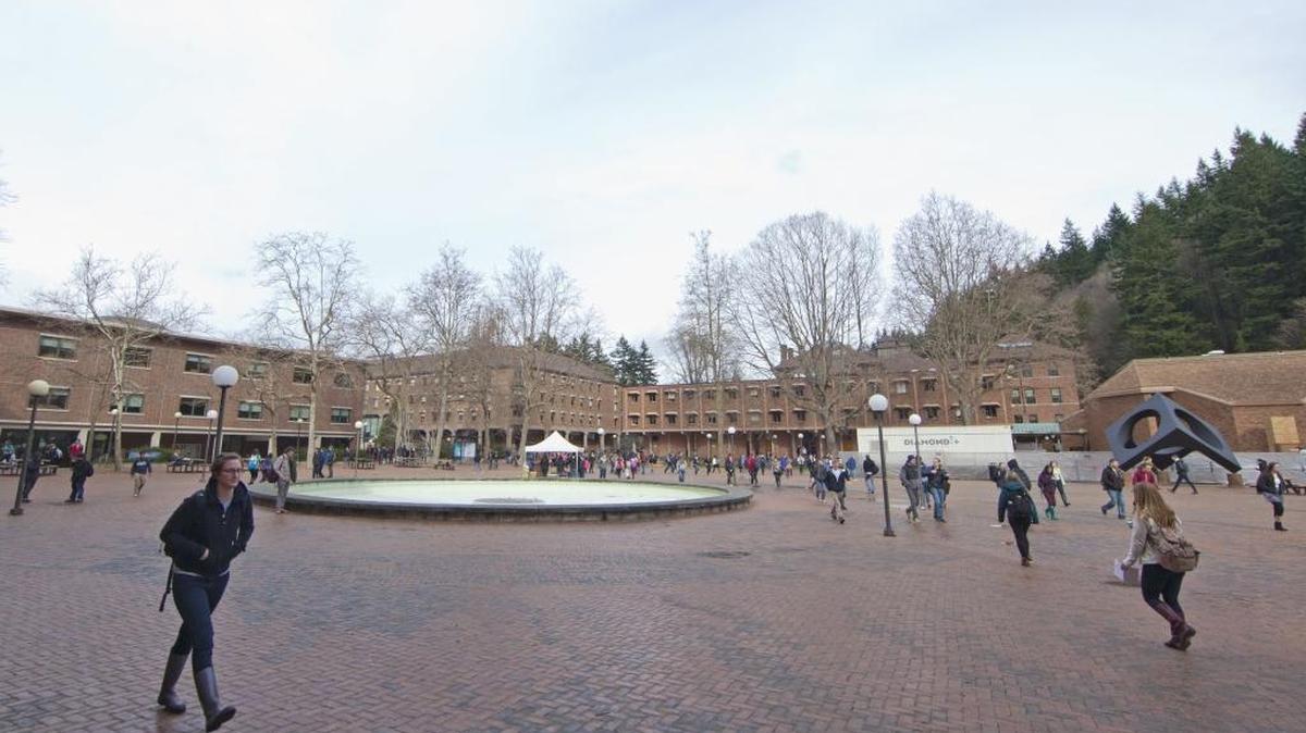 Western Washington University students walking to class in Red Square.