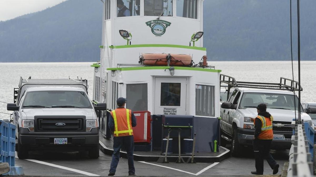 The Whatcom Chief ferry, painted in Seattle Seahawks colors, prepares to offload vehicles from Lummi Island at Gooseberry Point Sept. 18, 2014. The vehicle ferry will be out of service part of Wednesday, Jan. 6.
