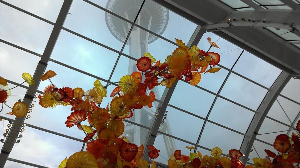 
The Space Needle as seen from the Chihuly Garden and Glass Exhibit at Seattle Center. Photo taken Aug. 15, 2015.
