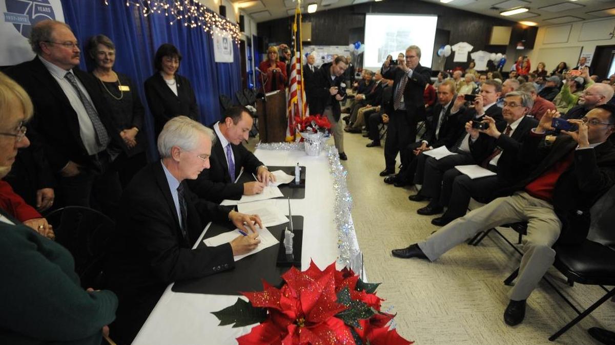 There was much celebration Dec. 7, 2012, as elected officials and Alcoa Intalco Works employees watched Steve Wright of the Bonneville Power Administration and Alcoa’s Bob Wilt sign a 10-year power agreement for the aluminum smelter west of Ferndale. In 2015, Alcoa heavily trimmed the power use called for in the contract as it decided to idle the smelter and likely lay off 465 people.