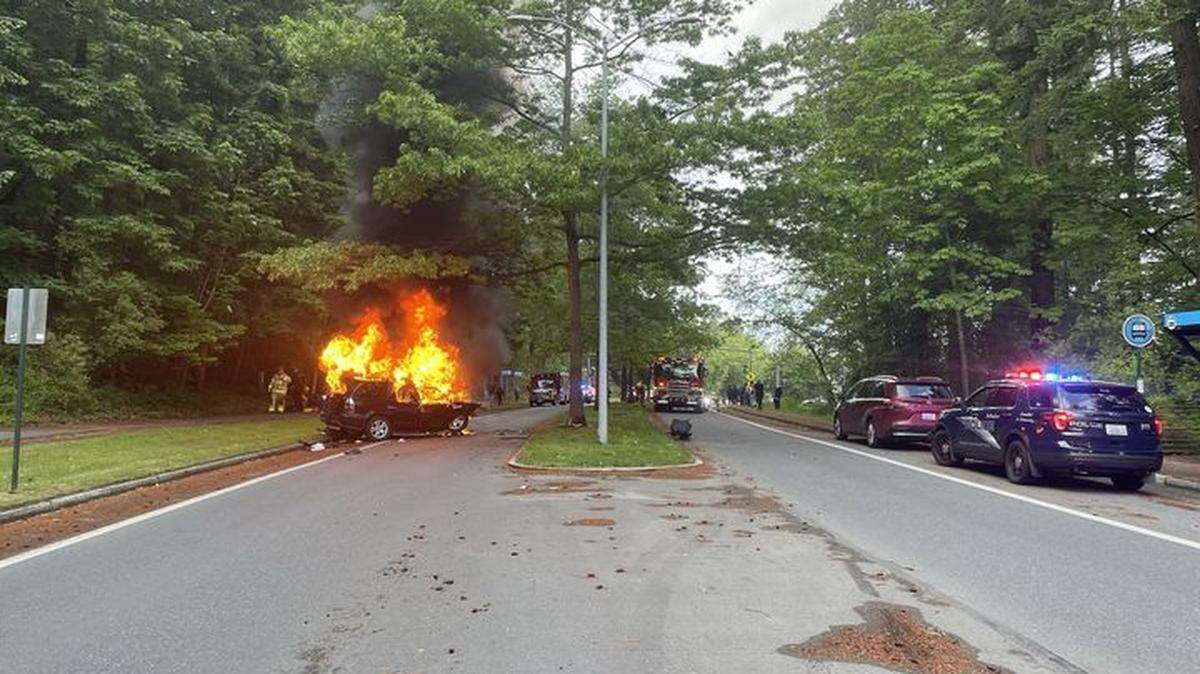 A vehicle crashed into a tree and caught fire on Tuesday, June 4, 2024, on Bill McDonald Parkway in Bellingham, Wash. The driver was pulled from the crash by witnesses, but their condition was unknown as of Wednesday afternoon.