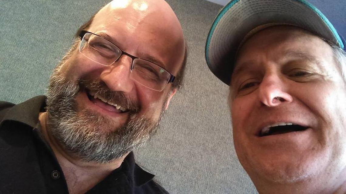 Joe Teehan, former host of The Joe Show, left, with Gary Kanter, a guest on the show.