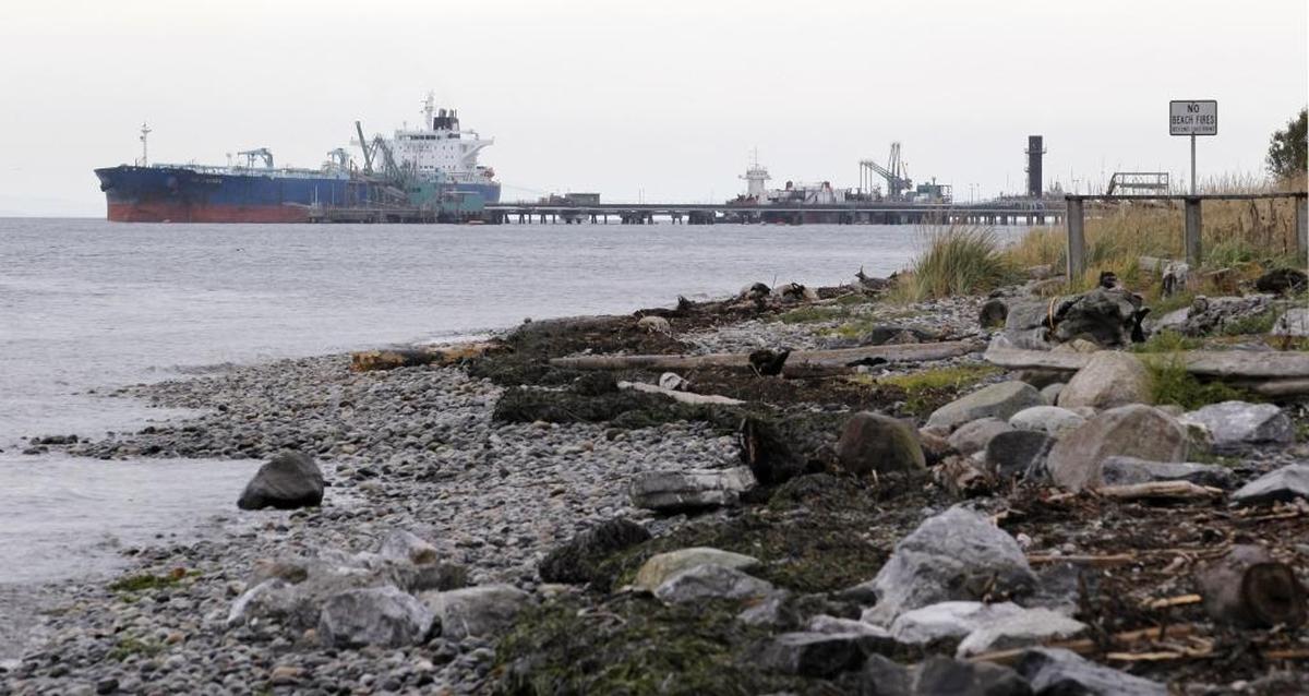 A ship is seen in the distance moored at the BP oil refinery in Cherry Point in 2012. Future of development in the Cherry Point industrial zone west of Ferndale is one of the key issues in this year’s election race for Whatcom County executive.