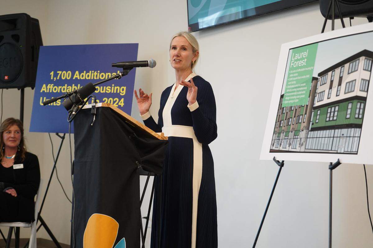 Bellingham Mayor Kim Lund spoke Wednesday, March 27, 2024, at the opening of the Laurel Forest Apartments, a 56-unit affordable housing project in downtown Bellingham, Wash.