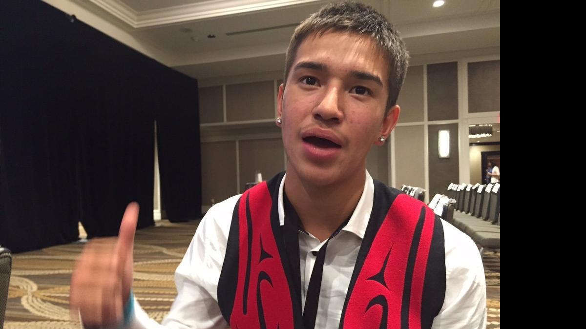 
Hamilton Seymour, 15, of Bellingham, Wash., introduced first lady Michelle Obama at the first White House Tribal Youth Gathering in Washington, D.C., on July 9, 2015.

