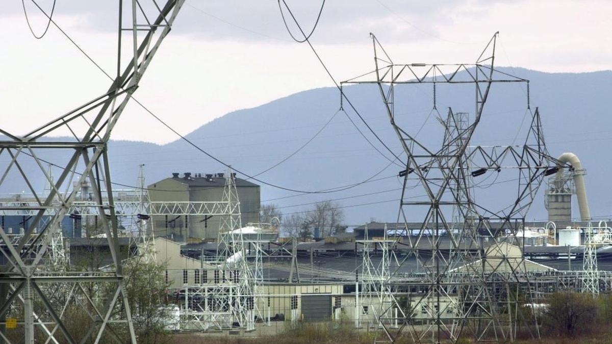 Bonneville Power Administration high-voltage transmission lines lead the way to Alcoa Intalco Works in Ferndale.