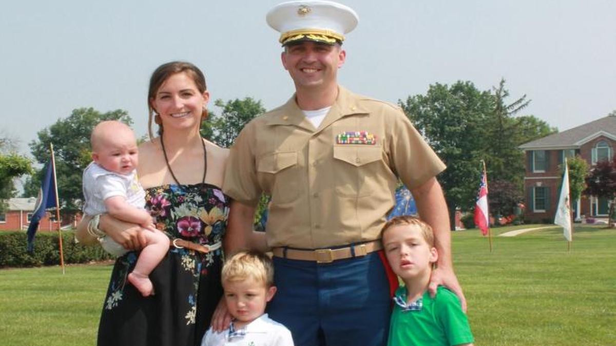 Marine Corps Major John Meixner, a graduate of Nooksack High School, served two combat deployments in Operation Iraqi Freedom. He is now a recruiting station commanding officer in Harrisburg, Pa., where he was photographed with his wife, Megan, and their three boys, Tom, Henry and George.