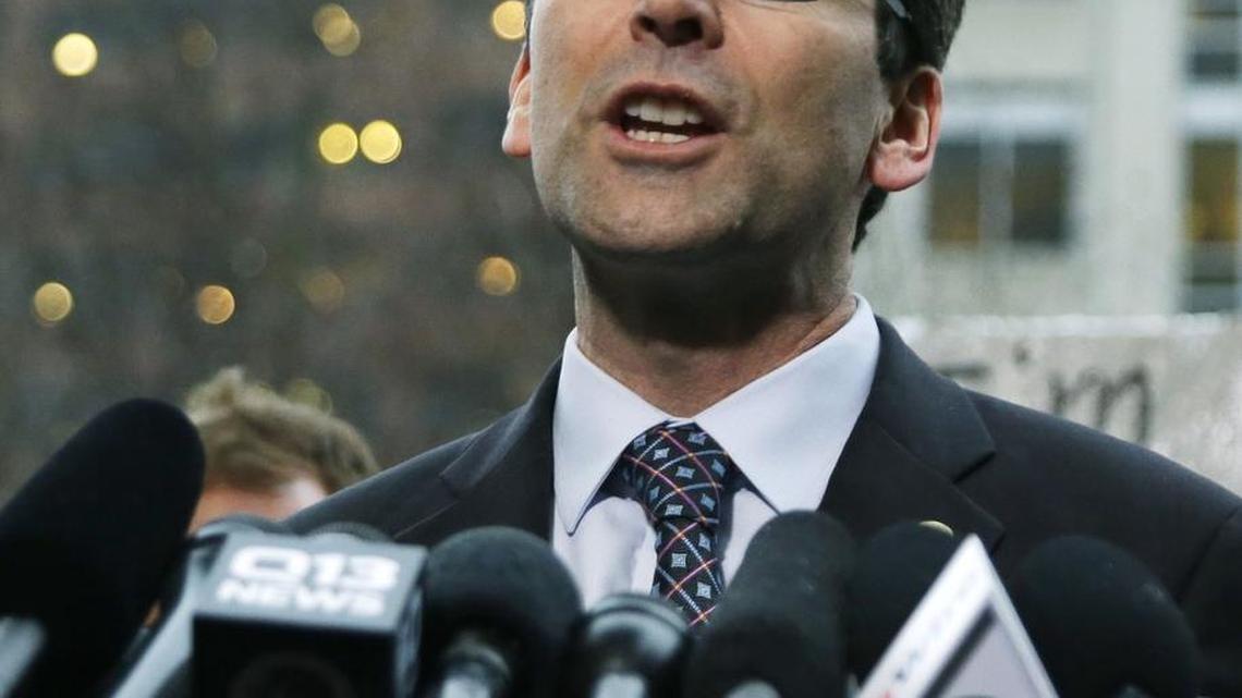 Washington state Attorney General Bob Ferguson talks to reporters Friday, Feb. 3, 2017, following a hearing in federal court in Seattle. Ferguson will talk at Western Washington University on May 2 about his lawsuit against a Trump Administration immigration ban.