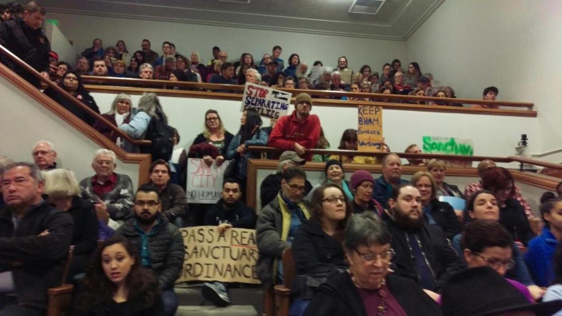 People pack inside City Hall during the Bellingham City Council meeting Monday night.