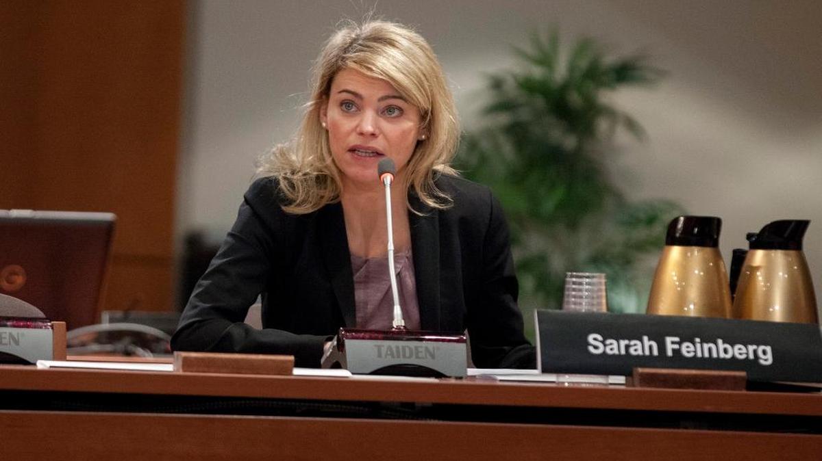 Federal Railroad Administrator Sarah Feinberg testifies in March at a National Transportation Safety Board forum on injuries and fatalities to pedestrians and trespassers struck by trains.