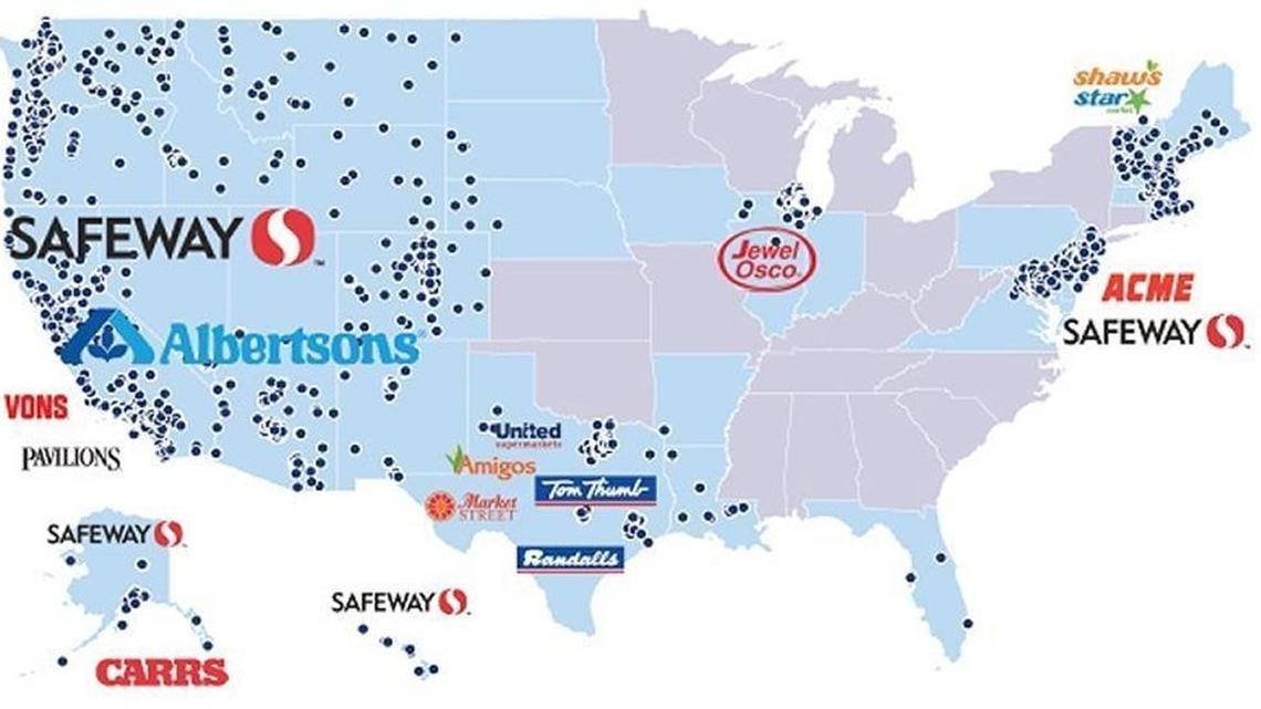 This map shows all of the stores under the Albertsons umbrella as of August 2015, after a merger with Safeway was approved.