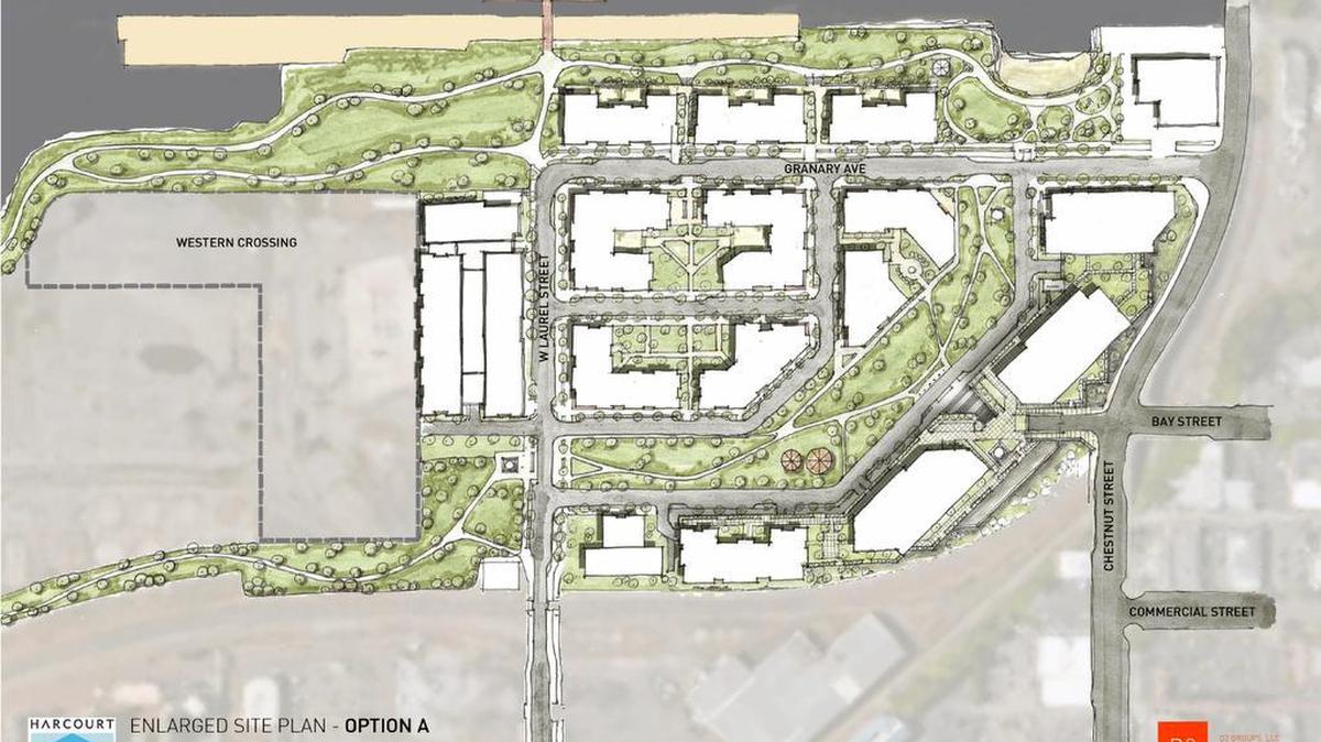 The “Waypoint Connection” conceptual map from Harcourt Developments orients the waterfront development’s central park on a diagonal east of Laurel Street to Granary Avenue, which parallels the waterway on the north. The Granary is in the top right of the drawing with Bay Street crossing Chestnut Street to enter the property from the east. The developer says this design makes the park more central to pedestrian traffic from the Bay Street entrance. This plan also has more flow for pedestrians interested in walking to Cornwall Beach, which is west of the development.
