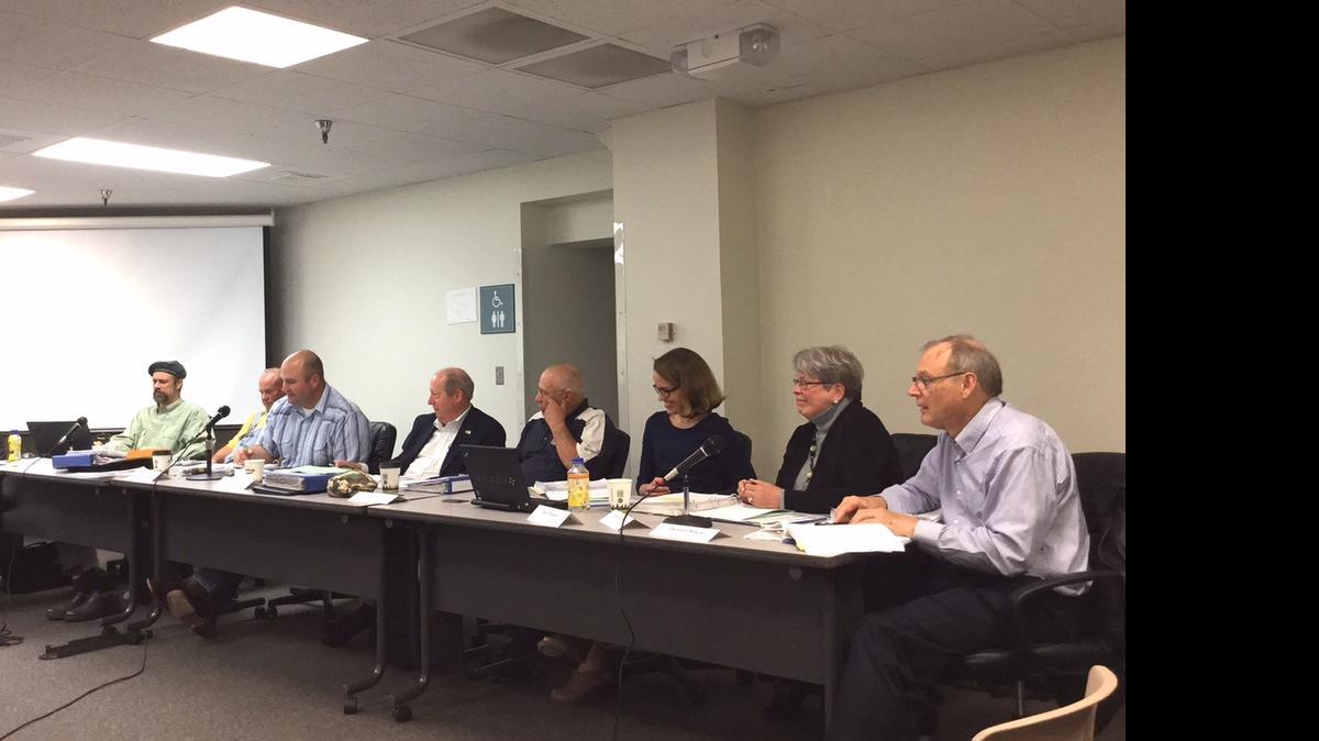 
Members of the Whatcom County Charter Review Commission discuss proposed charter amendments on May 11. From left are Richard May, Joe Elenbaas, Ben Elenbaas, Chet Dow, Cliff Langley, Alie Walker, Barbara Ryan and Thomas Stuen.
