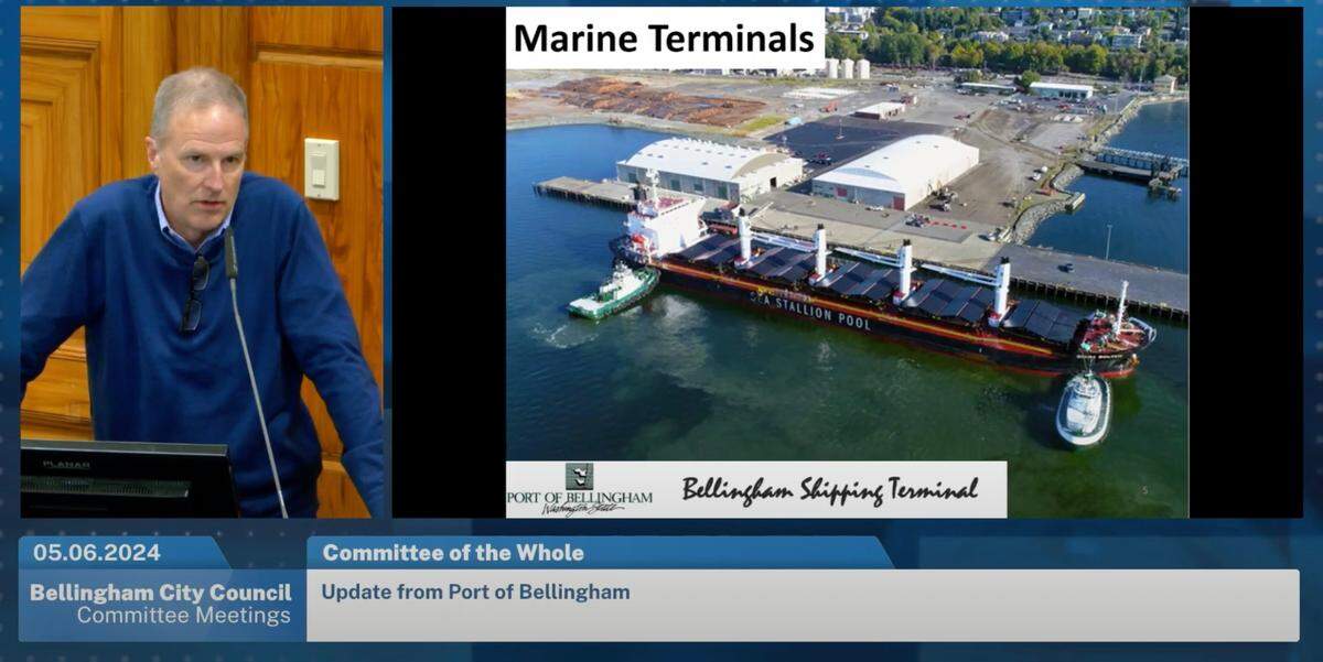 Port of Bellingham Executive Director Rob Fix speaks to the Bellingham City Council on May 6, 2024, about a proposed rail connection that will help facilitate additional industry at the Bellingham Shipping Terminal.