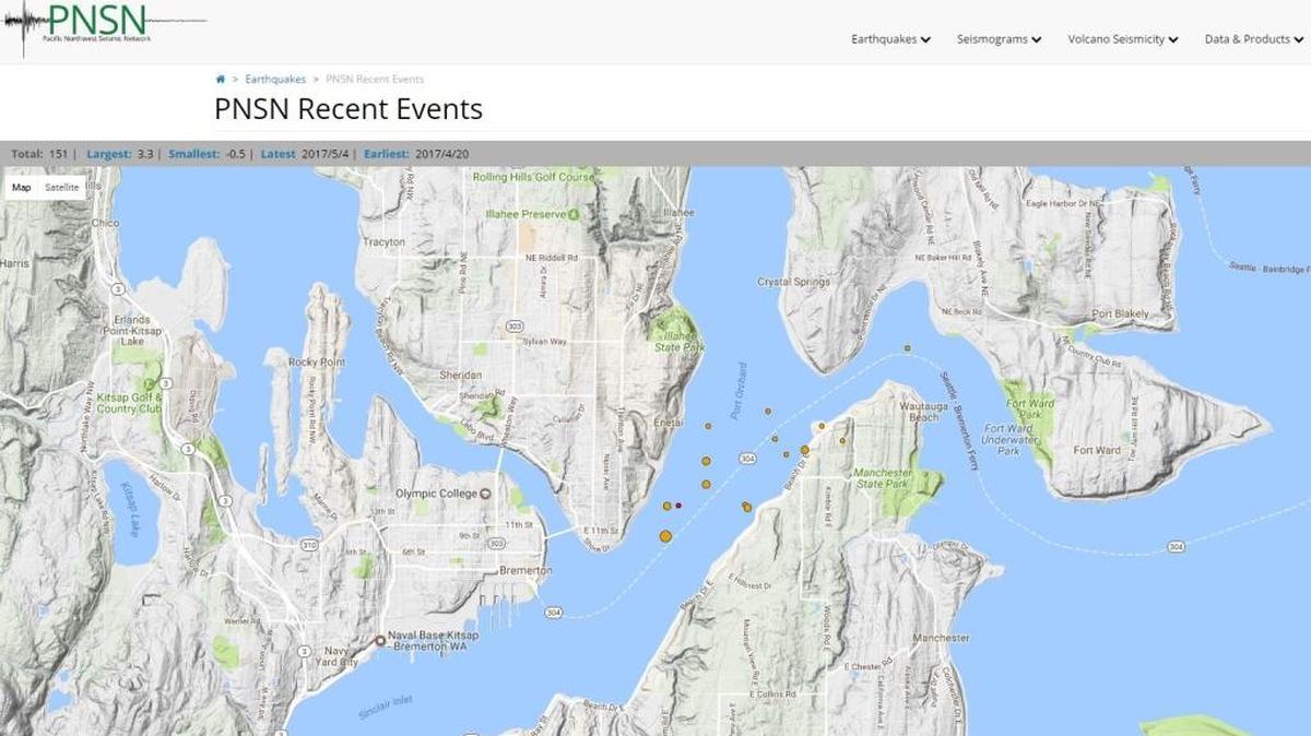 Earthquakes with the past 24 hours are shown in orange, with recent quakes in red. Larger circles represent larger magnitude.