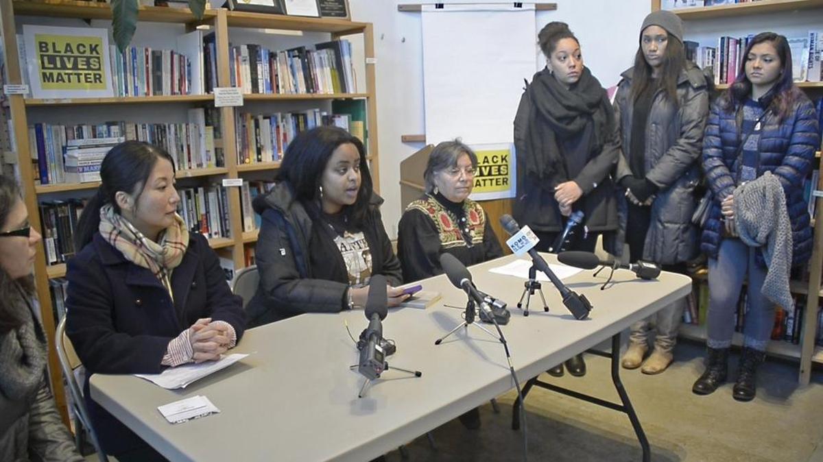 Western Washington University Associated Students President Belina Seare, center, talks Nov. 25 about being threatened recently over the Yik Yak social media platform and the university’s response during a press conference at the Whatcom Peace and Justice Center in Bellingham.
