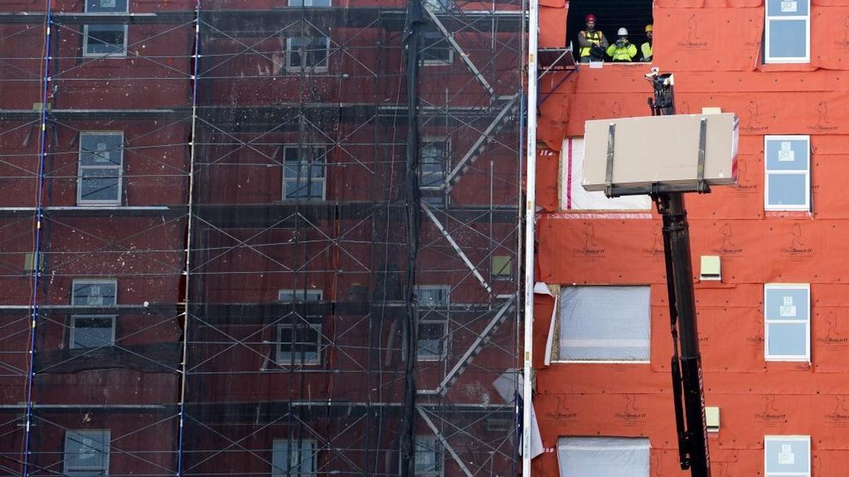 Construction crews work on the 145-unit Gather Bellingham on North Forest Street in January. Several proposed projects for additional housing units from different developers are in the works.