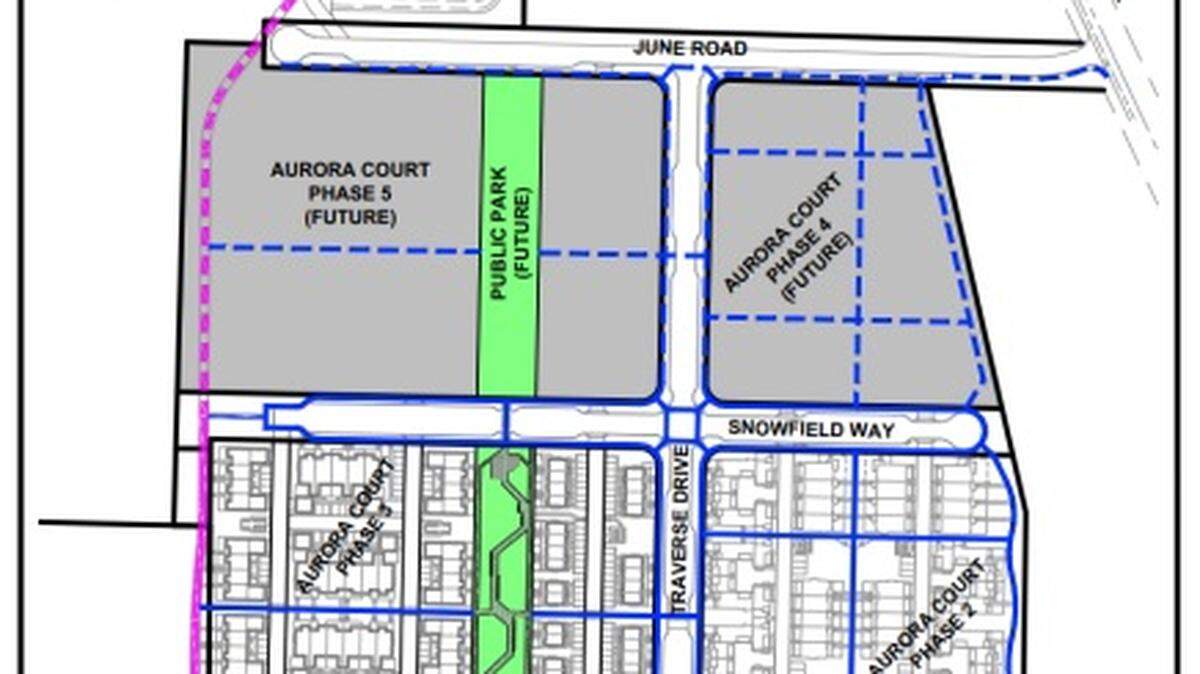 A map shows the location of the new Northern Lights Park in green, sandwiched in a development of townhomes and another planned development.