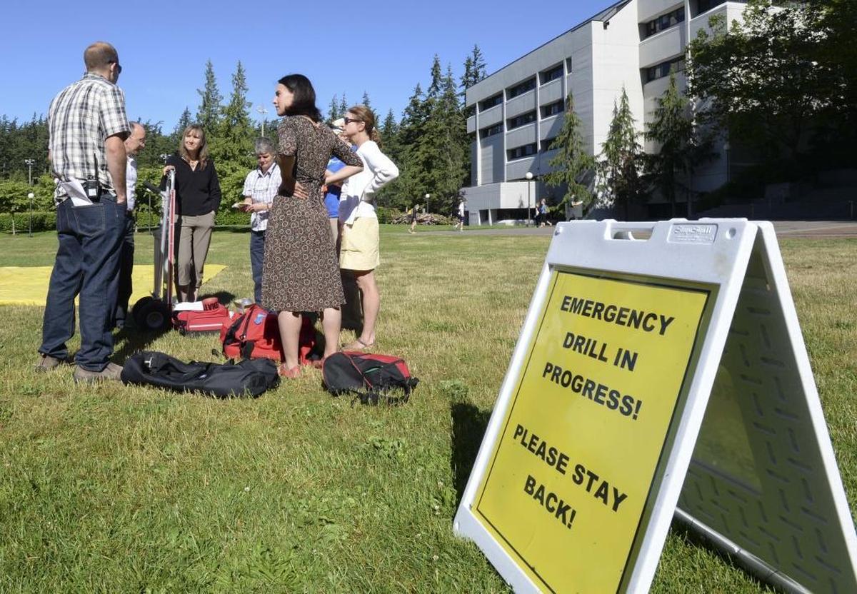 Western Washington University staff take part in a disaster drill at the school, June 7, 2016. The drill was part of the Cascadia Rising statewide disaster drill that started Tuesday morning.