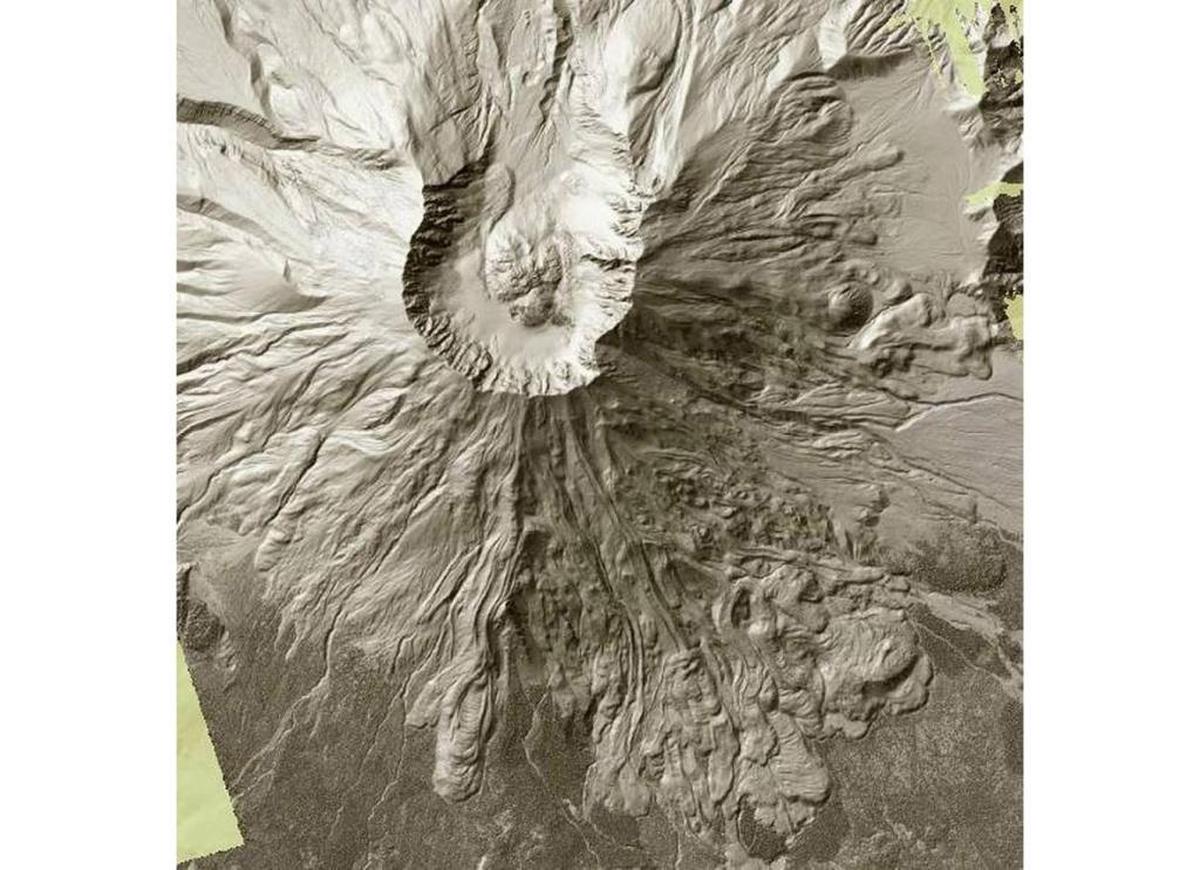 Mount Saint Helens can be seen in this screen grab from the Washington State Department of Natural Resources’ lidar map. The 1980 eruption blew out the northern side, top, of the volcano, while the southern side shows volcanic flows from ancient eruptions.