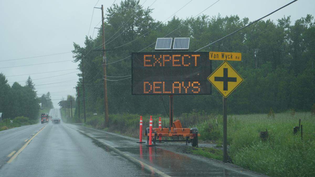 Electronic signage was posted to warn drivers to expect delays near E. Smith Road and Hannegan Road on May 29, 2024, in Whatcom County, Wash. Construction was expected to begin on the intersection on May 29 to convert it into a multi-lane roundabout designed to enhance multimodal safety and improve traffic flow.