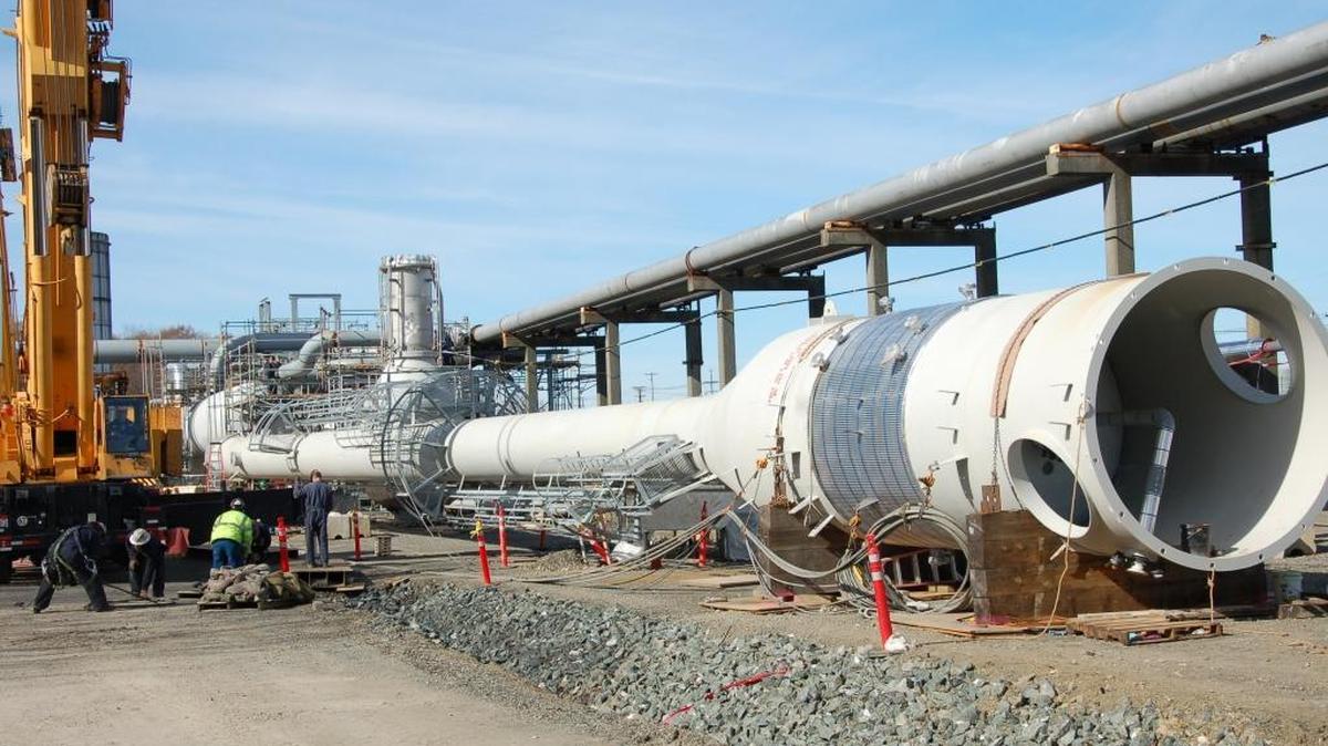 Shown here is work being done last summer at the Phillips 66 Ferndale Refinery to install a 199-foot-tall flare system to improve energy efficiency. The company was fined $324,000 by the state on Friday, Jan. 15, for workplace violations.