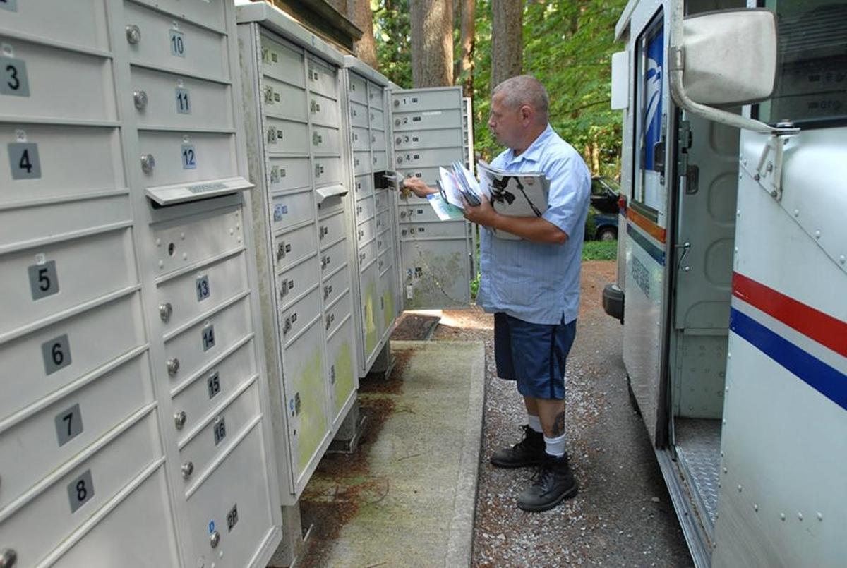 U.S. mail carrier Keith Koenig delivers the mail to a cluster of mailboxes near Gate 2 in Sudden Valley on August 15, 2008.