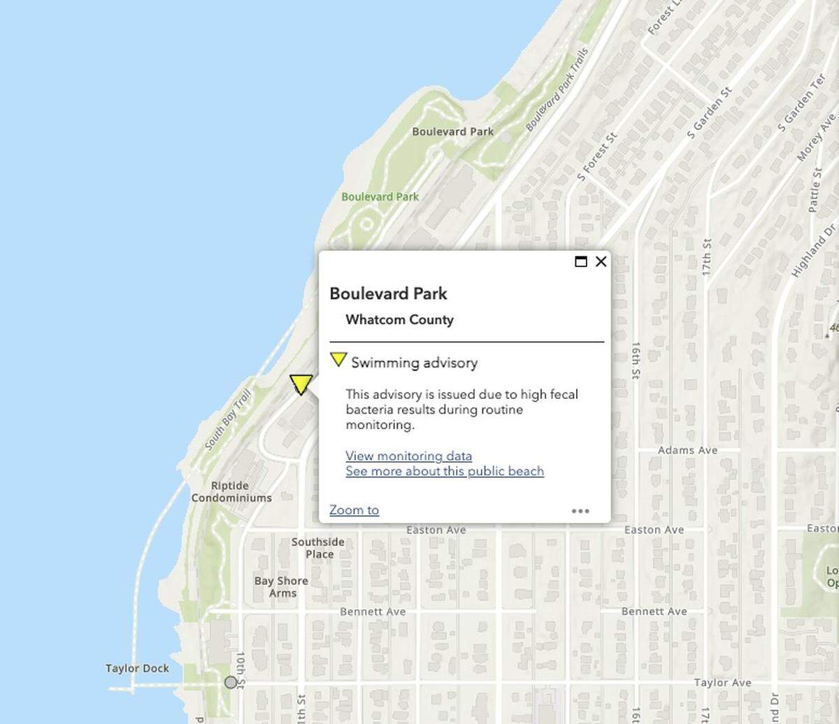The Whatcom County Health Department issued an advisory at Boulevard Park on May 31, 2024, in Bellingham, Wash. The Department notified the public to ‘Swim at your own risk,’ as measured bacteria levels in the water near Taylor Dock exceeded health standards and could cause illness.
