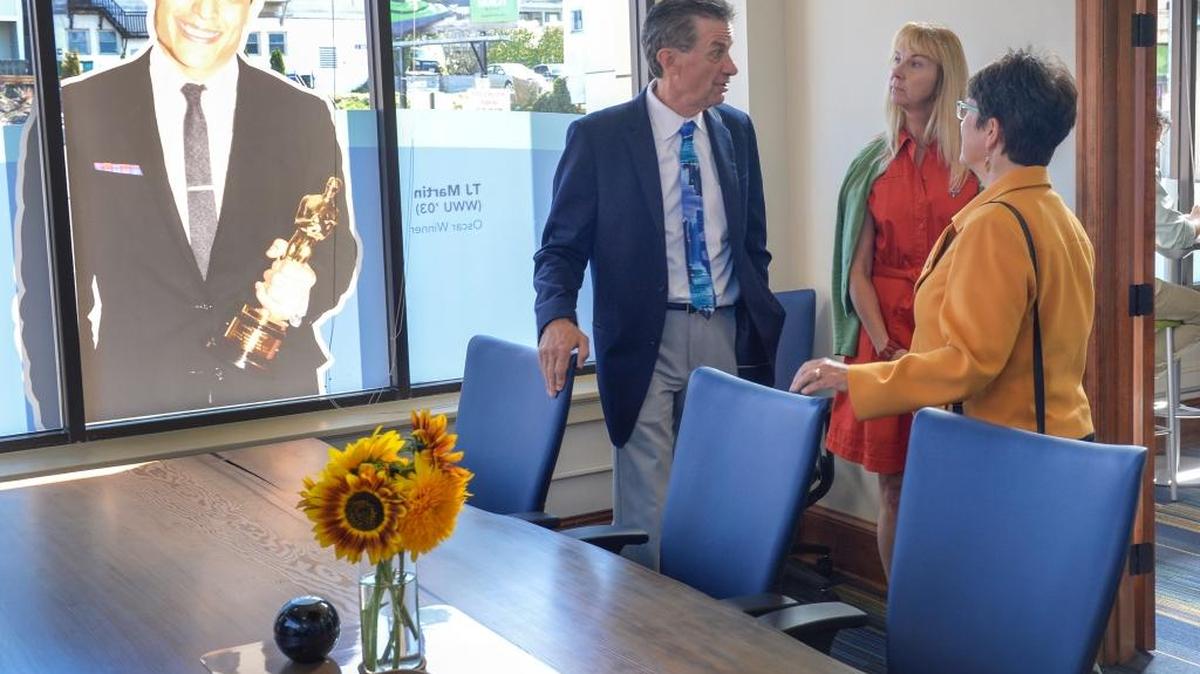 
Western Washington University President Bruce Shepard, left, tours the new Western City Center with Deborah DeWees, WWU assistant vice president, and Stephanie Bowers, WWU vice president, in the Herald Building in downtown Bellingham, Monday, Sept. 21, 2015. The 2,500-square-foot ground floor area includes a conference and events room.
