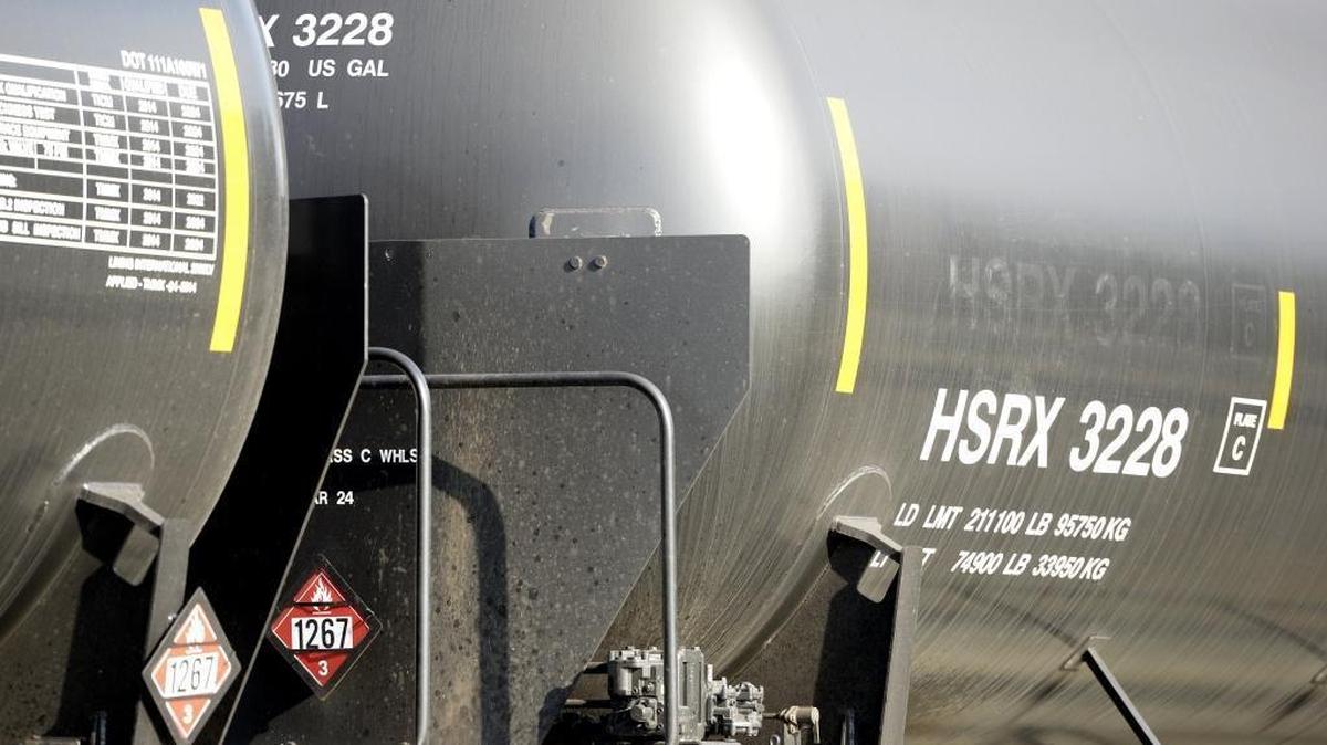 Oil train cars sit Oct. 8, 2014 at the BP Cherry Point Refinery rail loop.