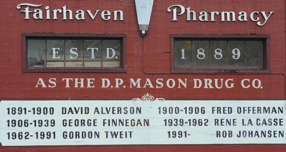 The back of Fairhaven Pharmacy, listed its owners, including Gordon Tweit, through the decades. The business closed in October 2015.