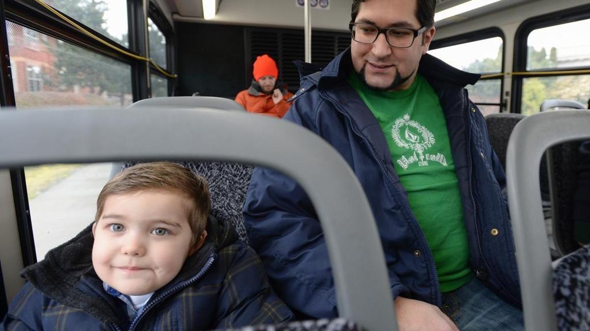 David Foster rides with his son Chayton Foster, 3, on the Whatcom Transportation Authority route No. 401 in Bellingham on Tuesday, March 7, 2017. Foster says he rides the bus three or more times a week. The WTA is making changes to the bus schedule and service effective March 19.